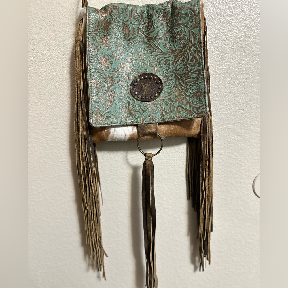 Fringed Green and Brown Designer Crossbody Bag